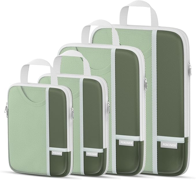 Percover Compression Packing Cubes for Travel, 4-Piece Structured Compression Organizer Set with Label Pockets for Carry-On & Checked Luggage, Green by Unknown