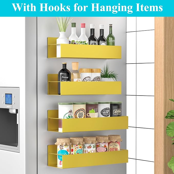 HuggieGems Metal Magnetic Spice Rack for Refrigerator Gold, 4 Pack | Magnetic Shelves Heavy Duty for Fridge in Kitchen, Seasoning Storage Organizer, For Oven Washer and Dryer, For Heavier Items - Image 2