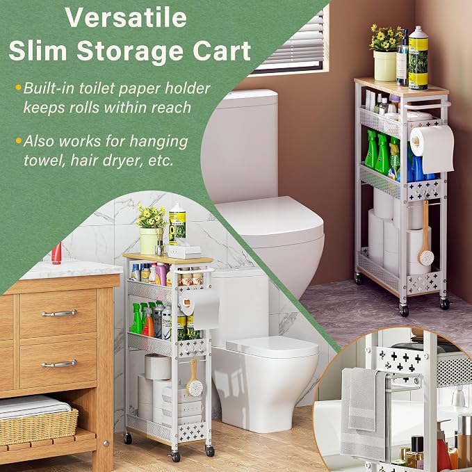 OKZEST Slim Bathroom Organizers and Storage Cart with Toilet Paper Holder | Upgraded metal hub casters, 4-Tier space-saving narrow rolling cart, Premium wood & metal mesh shelves, Holds tall bottles - Image 9