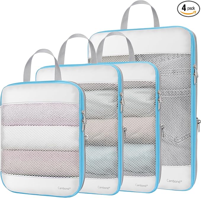 Cambond Mesh Compression Packing Cubes for Travel - 4 Set Organizers, White | Keep Clothes Sorted, See Through Mesh helps quickly find what you need, Compression Zip Design, Lightweight, Luggage Tidy by Cambond