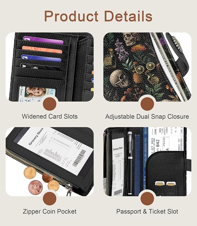 Goth Wallet Women RFID, Flower Passport Holder, Credit Card Holder | 6.7" x 4.4" x 1.3" Bifold, Travel billfold, Zipper Pocket, PU Leather, Clutch, Purse, ID Window, Pen Holder, Gift Ladies Girl - Image 6
