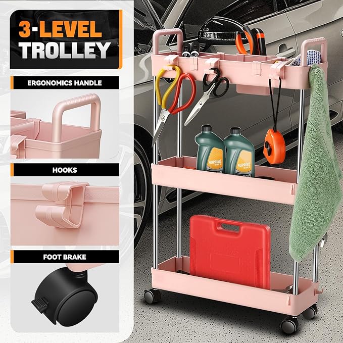 Auto Dynasty 3-Tier Rolling Utility Cart w/Handle, Narrow Storage, Pink | Sturdy Steel Frame, Smooth-Rolling Casters, Multifunctional Shelves, Space-Saving Slim Design, for Office/Kitchen/Bathroom - Image 2