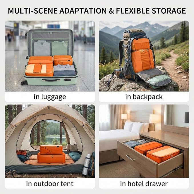 4 Piece Compression Packing Cubes for 3–7 Day Travel, Space Saving Travel Organizers with Breathable Mesh, Double-Zipper Packing Cubes for Carry-On & Suitcases (Orange) - Image 5
