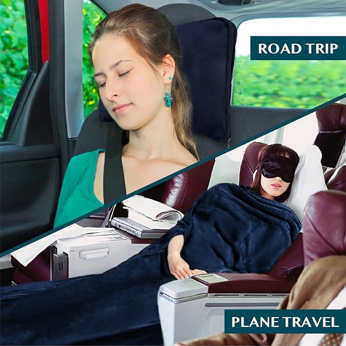 PAVILIA Travel Blanket and Pillow, Arms Opening Airplane Blankets for Adults, Compact Plane Blanket with Arm Hole 2-in-1 Bag for Flight Car Camping Fit in Luggage Backpack Traveler Gift, Navy Blue - Image 6