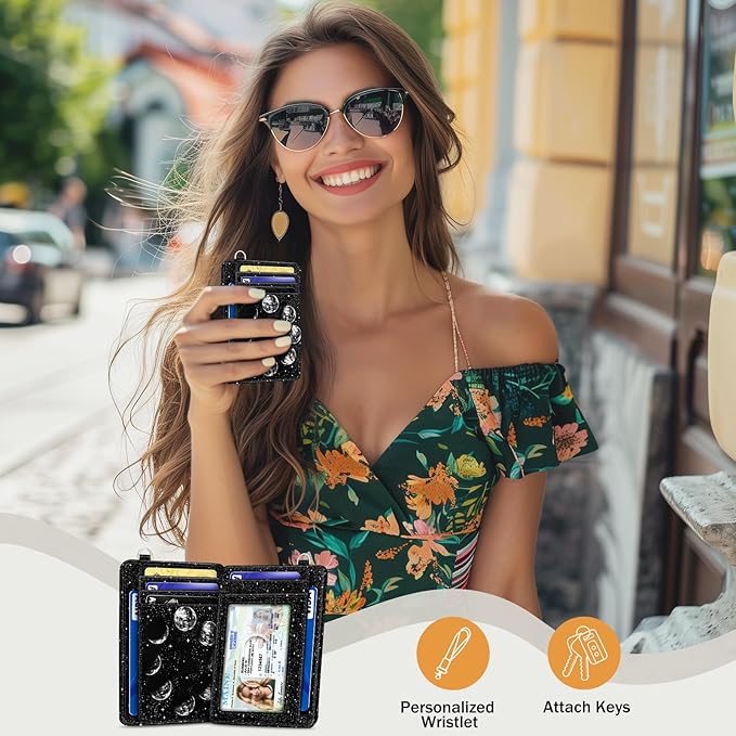 Yonlevres Moon Lunar Credit Card Holder Slim RFID Wallet Women Small Travel | Front Pocket, Handy, RFID Blocking, Woman Girls Ladies Gifts, D-ring for Keychain,Thin Mini Card Case, ID Window, PU Leather - Image 2
