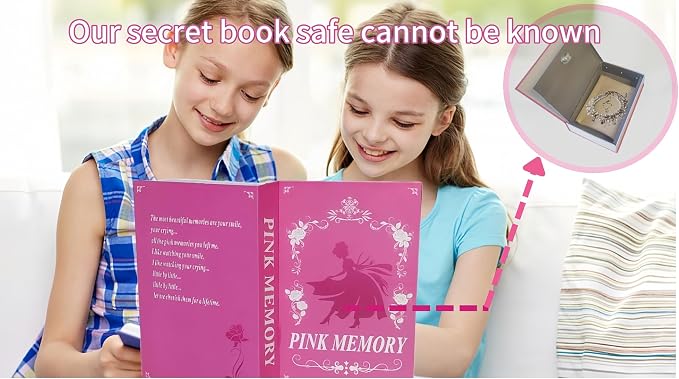 Book Safe with Key Lock - Hidden Compartment Security Box for Cash, Jewelry & Passports | Portable Steel Lockbox for Home, Office, Travel | 9.5"x6.2"x2.2" | Cosmetic Bag Included(Pink Memory) - Image 2