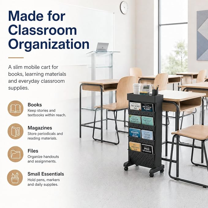 BYFU 5-Tier Movable Bookshelf Cart, 26.0" H, Black | Rolling Wheels, File Paper Storage Organizer, Mobile Bookcase, For Home Office Study Classroom - Image 6