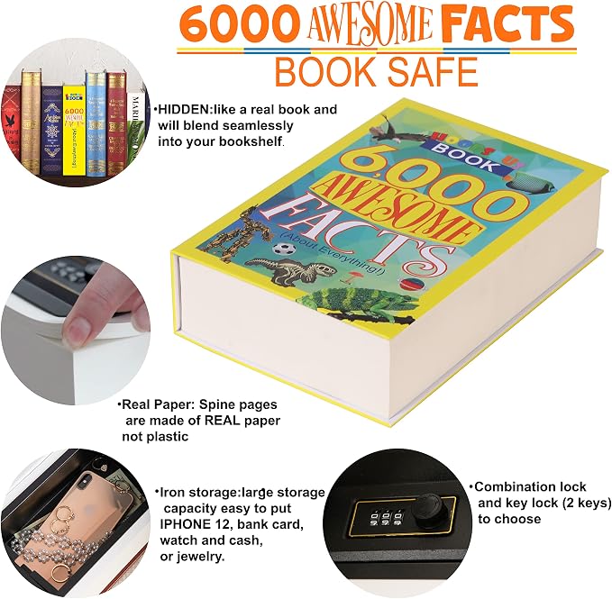 6000 Awesome Facts Book Safe Lock Box with Key, Decorative Hidden Book Safe with 2 Keys, Diversion Safe Box Secret Compartment Items for Cash and Family Security, 9.3" x 6.0" x 2.3" - Image 5