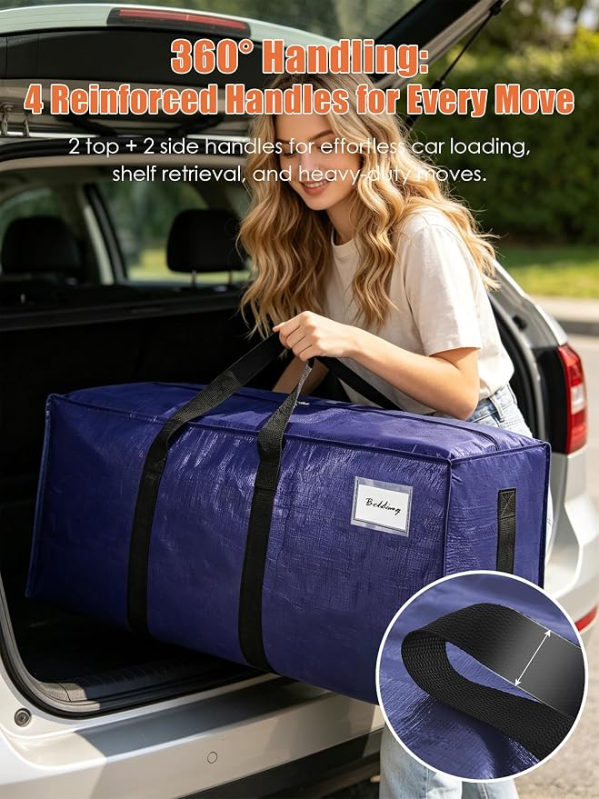 SWEET DOLPHIN 12 Pack 200LB Heavy-Duty Moving Bags with Wrap-Around Handles, Extra Large Storage Totes for Space Saving, Clothes Storage Bags, College Dorm Essentials, Blue, 24 Gal - Image 5