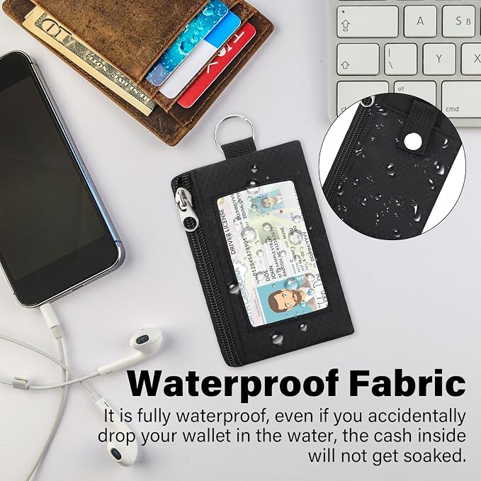Minimalist RFID Blocking Wallet with 2 Zip Pockets and Lanyard, Water Resistant ID Case with Key Ring and Cards Badge Holder, Coin Purse Pouch for Men and Women Travel Sports -BK - Image 5