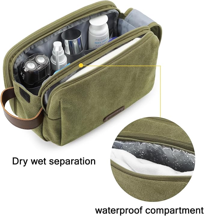 BAGSMART Toiletry Bag for Men, Canvas Travel Toiletry Organizer Dopp Kit Water-resistant Shaving Bag for Toiletries Accessories (Green, Medium) - Image 3