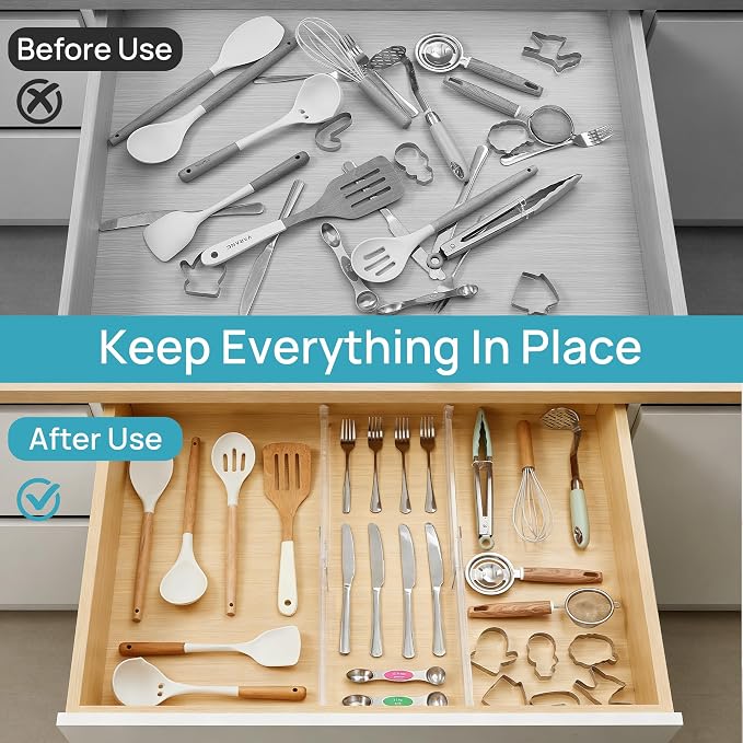 Vtopmart 4 Pack Shallow Drawer Dividers, 2.36" High 12.5"-20.8" Adjustable Expandable Kitchen Drawer Organizer, Clear Plastic Organizer Separators for Flatware, Utensil, Cutlery, Underwear, Clothes | Expandable Kitchen Drawer Organizer, Clear Plastic O... - Image 6