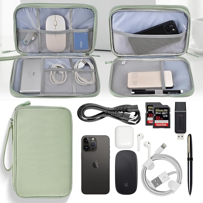 CAAORDKSO Large Electronics Travel Organizer Case, Cable Organizer Bag Water Resistant Double Layers Accessories Storage Bag Tech Pouch, for Cord, Charger, Power Bank, Earphone (Mint Green, X-Large) - Image 2