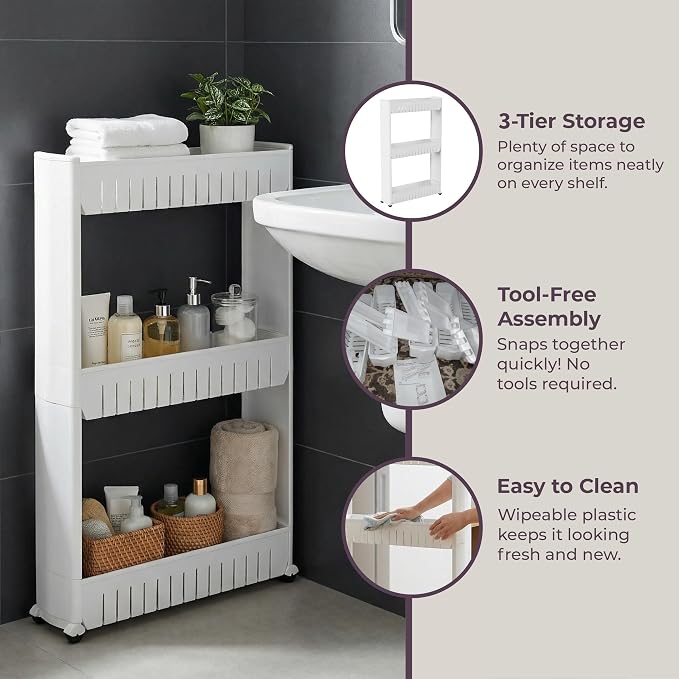 Lavish Home 3 Tier Shelf Rolling Cart - Narrow-Space Kitchen or Bathroom Shelf Organizer Cart - Slim Slide-Out Storage Shelves for Kitchen, Bathroom, Laundry and Pantry - Image 4