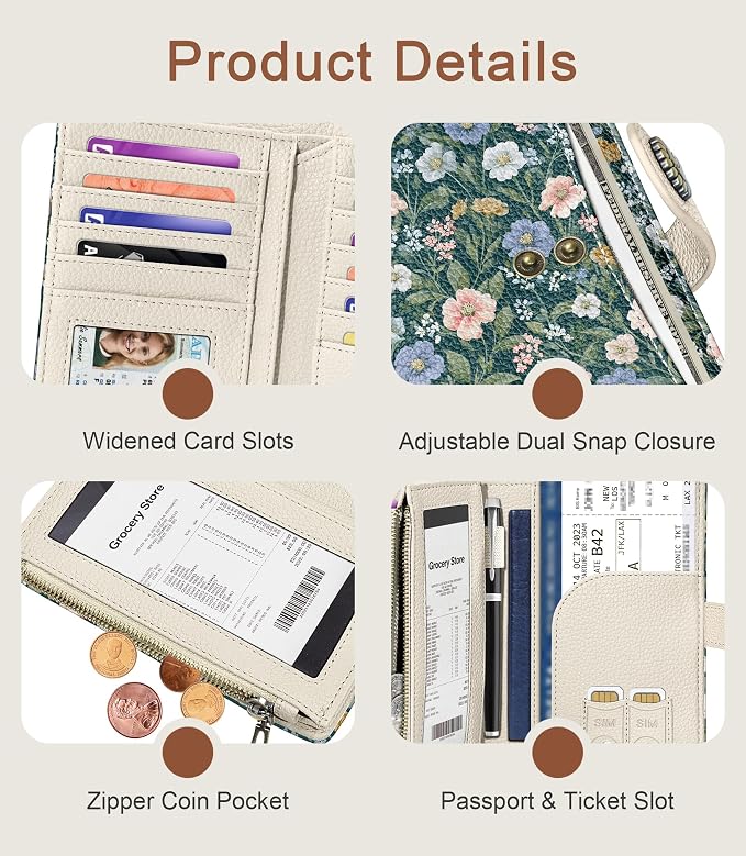 Flower Wallet Women RFID Bifold Passport Holder Credit Card Holder | 6.7" x 4.4" x 1.3" Travel billfold, Zipper Coin Pocket, PU Leather Clutch, Purse, ID Window, Pen Holder, Gift for Ladies Girl - Image 6