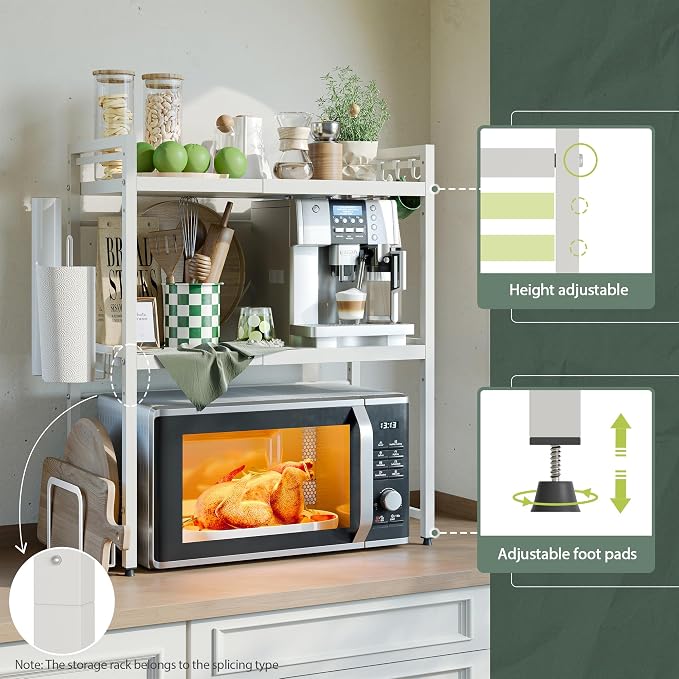3 Tier Expandable Microwave Stand countertop,Microwave Oven Rack | microwave shelf with Paper Towel and Chopping Board Holder, storage shelf for appliances,55 Lbs load Per Tier,White - Image 4