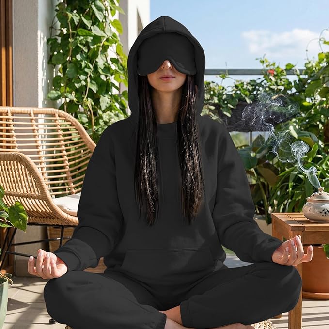 Ainangua Womens Oversized Pullover Essentials Hoodie with Eye Mask Comfor Airplane Mode Travel Office Vacation Sweatshirt - Image 3