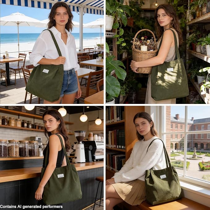 UERRUAM Corduroy Tote Bag for Women with Inner Pockets, Cute Go-to Bag | Slouchy Shoulder Bag for Everyday, Work, Books, Beach & Grocery Shopping, Lightweight Washable Foldable, Cloth Purse - Image 2