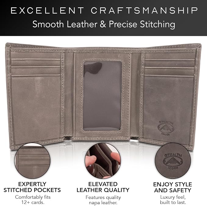 Stealth Mode Trifold Leather Wallet for Men with RFID Blocking (Grey) | Top Grain Napa Leather, 9 Card Slots, ID Window, Gift Box – Gift for Dad, Husband, or Son - Image 3