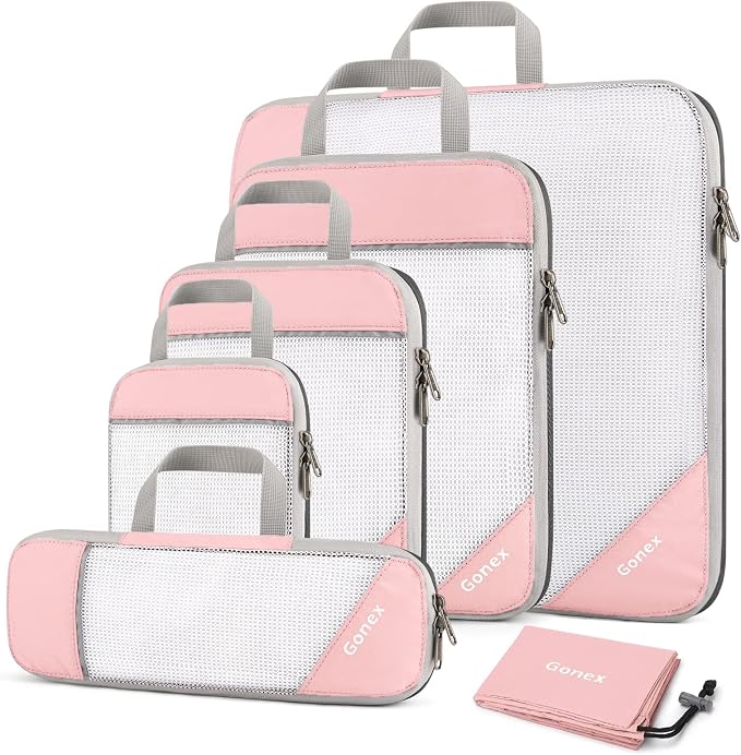 Gonex Compression Packing Cubes for Travel, Mesh Bags Luggage Organizers | Set of 4/5/6/7/10 for Essentials, Extensible, Fits 20"Carry-on Suitcases, See-through Mesh, Double Zipper Compression by Gonex