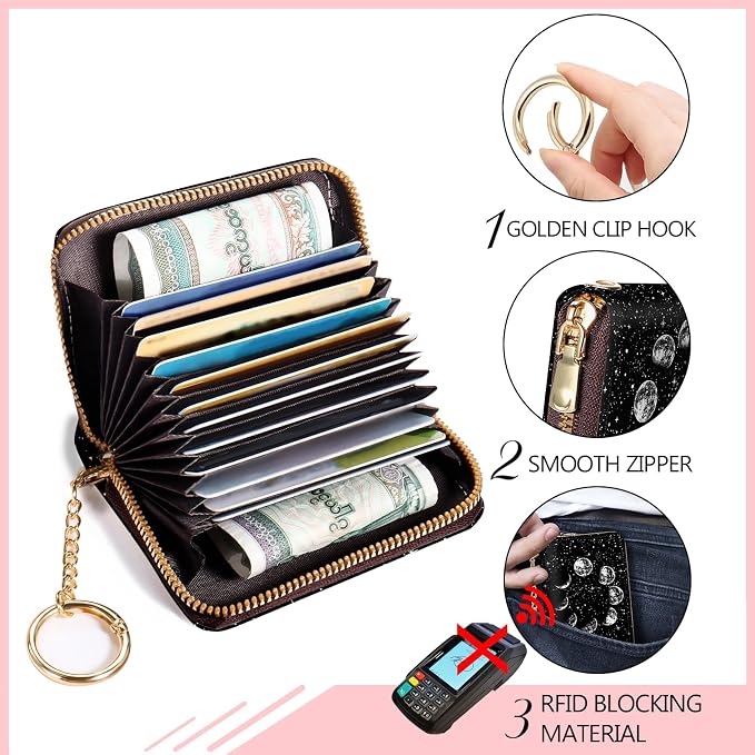 Blusabaca RFID Credit Card Holder Small Women Travel Wallet, Night Moon | Removable Keychain, Case with Zipper, Vegan PU Leather, Cash Coin Pocket, Business Accordion Purse, Ladies Female Gift - Image 5