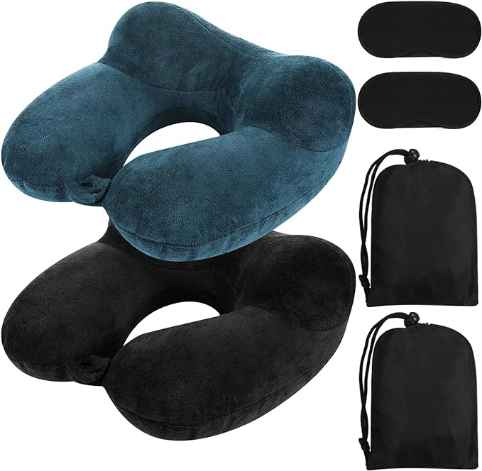 Sintuff 2 Pack Inflatable Travel Pillow for Airplanes Inflatable Neck Flight Pillows with Compact Bag and Blindfold for Traveling, Airplane, Train, Car, Office(Peacock Green and Black) by Sintuff