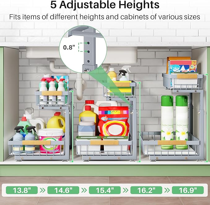 Kitstorack Under Sink Organizer, 2 Tier Under the Sink Storage, Slide out Pull out Cabinet Organizer Shelf, Metal Sliding Drawer for Kitchen Bathroom Pantry Closet Organization Rack, Grey, 1 Pack - Image 7