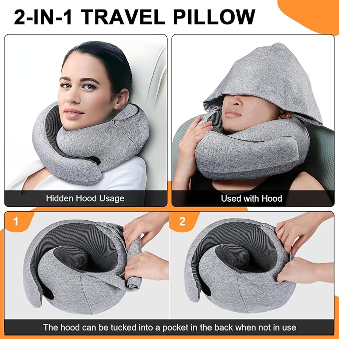 Travel Pillow - Hooded Neck Pillow Airplane Memory Foam Filling | for Plane, Office, Cars Sleeping, Road Trip, Long Flights Essentials, Includes Eye Mask & Earplugs (Light Gray) - Image 2