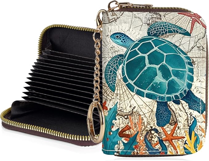 Credit Card Holder for Women,Small Rfid Wallet with Keychain Zipper,Cute PU Leather Card Case Wallet，Accordion Credit Card Wallets Gift,Retro Turtle by Unknown