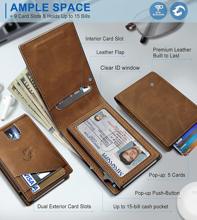 Wallet for Men, Slim Pop Up Card Holder with RFID Blocking, Minimalist Bifold Wallet with 9 Card Slots, ID Window and Cash Pocket, Metal Flip Case with Magnetic Closure, Gift Box - Image 2