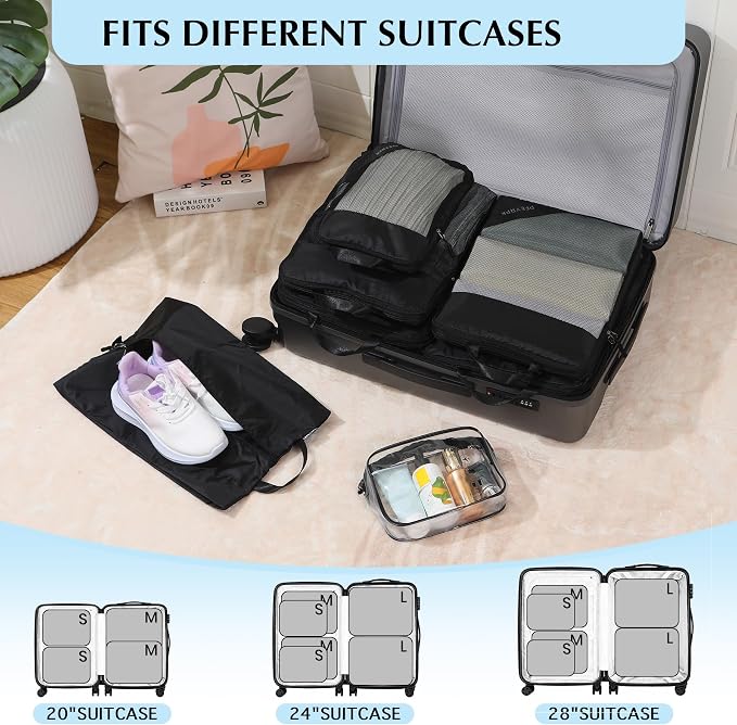 PFEYRPK Lightweight Compression Packing Cubes for Suitcases, Compressible Expandable Travel Packing Organizer with Clear Toiletries and Backpack Bag, Travel Essentials for Carry on Luggage 7 Set - Image 5