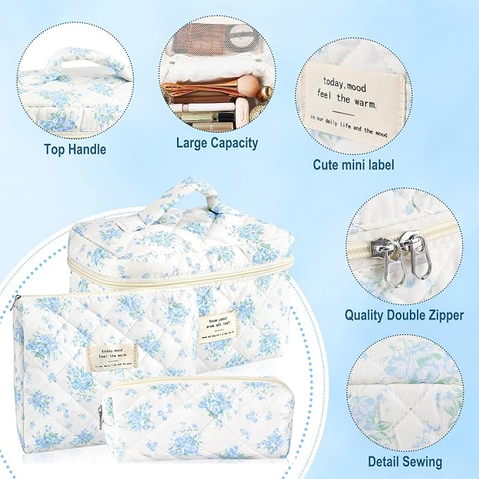 URSKYTOUS 3Pcs Cotton Quilted Makeup Bag for Women Girls Large Small Travel Floral Cosmetic Bags Set Cute Coquette Zipper Makeup Pouch for Purse Aesthetic Cloth Flower Storage Toiletry Bag Organizer - Image 3