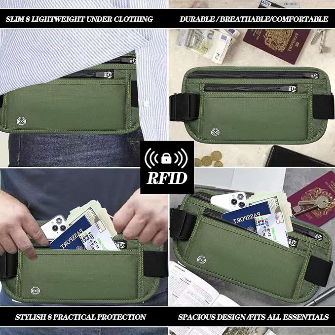 Green Hidden Money Belt for Travel for Men, Waist Wallet Anti Theft, RFID Passport Holder For Travel Men Or Women, Money Pouch, RFID Passport Holder - Image 6