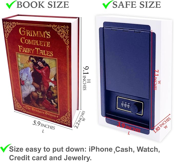 Deversion Book Safe Storage Box with Real Pages Combination Lock and Key Lock Box Money Safe Book Storage Lock Boxes for Personal Items 9.3''x6.0''x2.3'' (Grimm's Fairy Tales-Combo) - Image 9