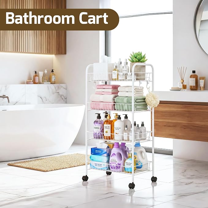 PLKOW 4-Tier Rolling Utility Cart with Detachable Baskets, White | 4-tier steel cart with detachable baskets, anti-fall pads, hooks, and 360° wheels for compact home storage. - Image 6