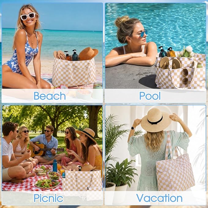 JATEBI Beach Bag with Makeup Pouch for Women | Waterproof Pool Tote Bags with Wet Compartment for Swim Shopping Travel, Zipper, Wet Compartment, 5 Pockets - Image 6