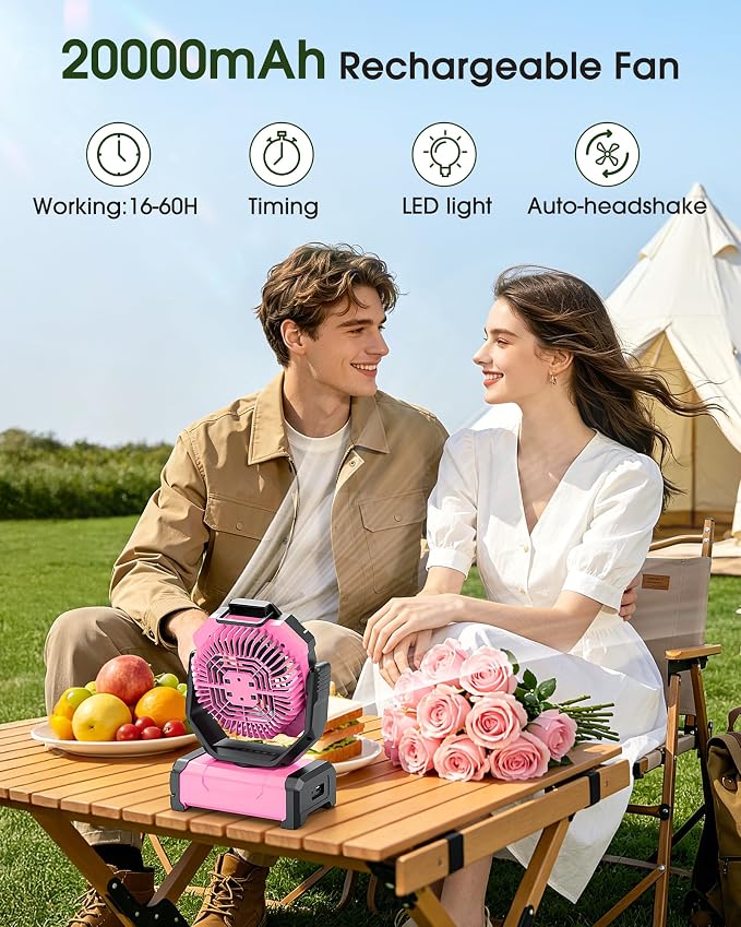 Portable Camping Fan with LED Lantern, 20000mAh Personal Rechargeable Fan | LED Lantern & Remote, Oscillating,Timer, Remote Auto, Hook for Tents Travel Outdoor Camp Beach Home Gifts - Image 2