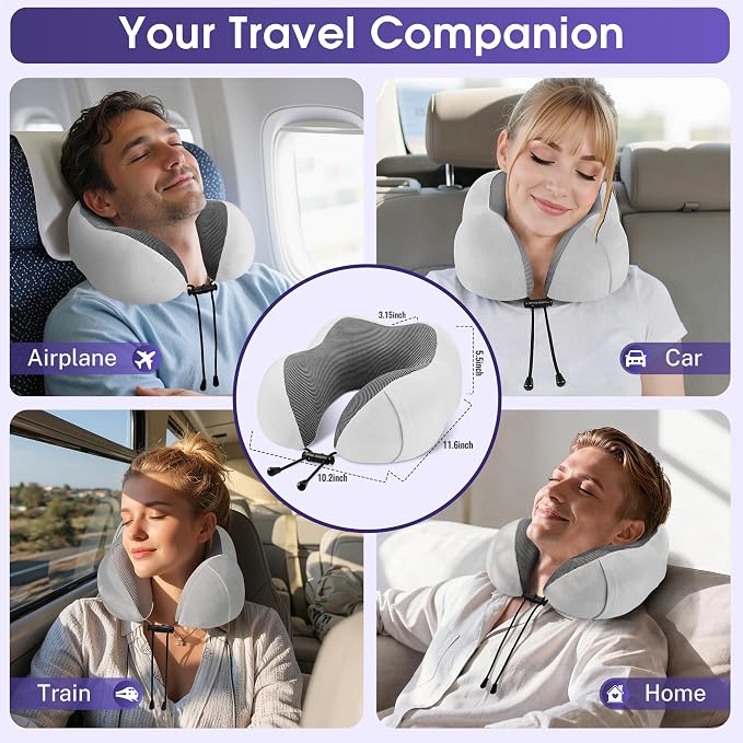 CloudBliss Neck Pillow for Sleeping, Memory Foam Travel Pillow, Light Grey - Image 7