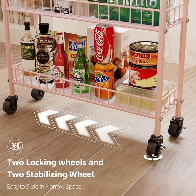 6-Tier Slim Storage Cart, Rolling Kitchen Cart with Wheels | Narrow Metal Shelf Organizer with Hooks for Kitchen, Bathroom, Living Room, Laundry, Small Spaces, Pink, 6 in - Image 5