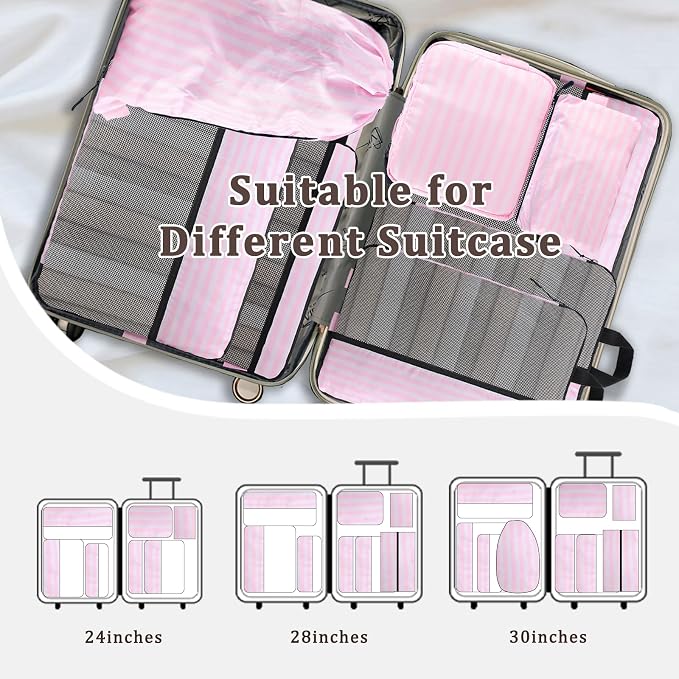 U+U 10 Set Compression Packing Cubes, Travel Organizers (Pink Stripe) | Space-Saving & Complete Travel Set - Image 8