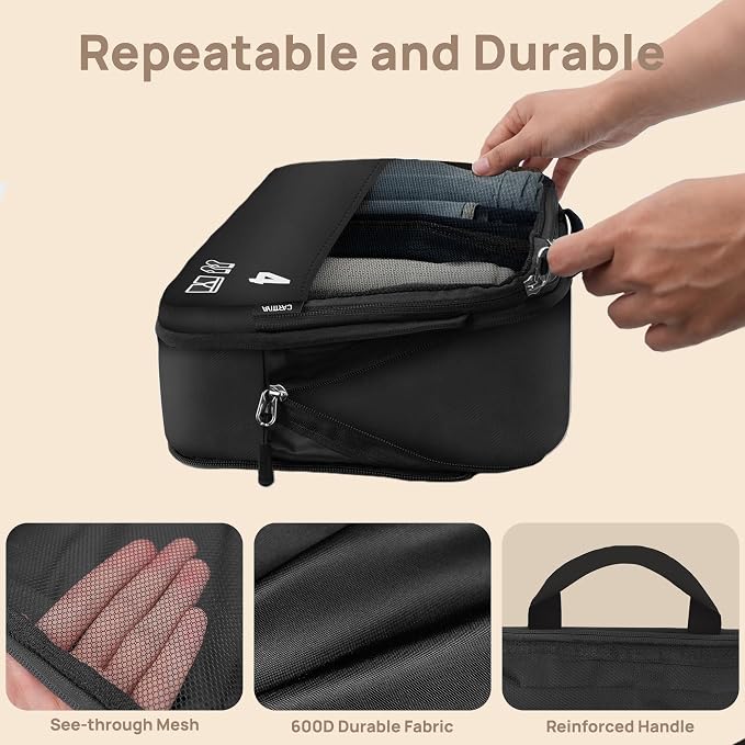 7 Set Compression Packing Cubes for Travel, Luggage Organizer Bags for Suitcases with Mesh Panels, Shoe Bag & Toiletry Bag for Carry On, Vacation & Cruise Essentials (Black) - Image 7