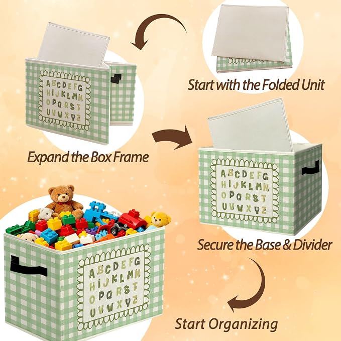 Dinosaur Alphabet Classroom Storage Bins Box with Handles Organizer Basket | ABC educational foldable basket for organizing, green gingham collapsible toys clothes for nursery bedroom playroom, 10x14 in - Image 6
