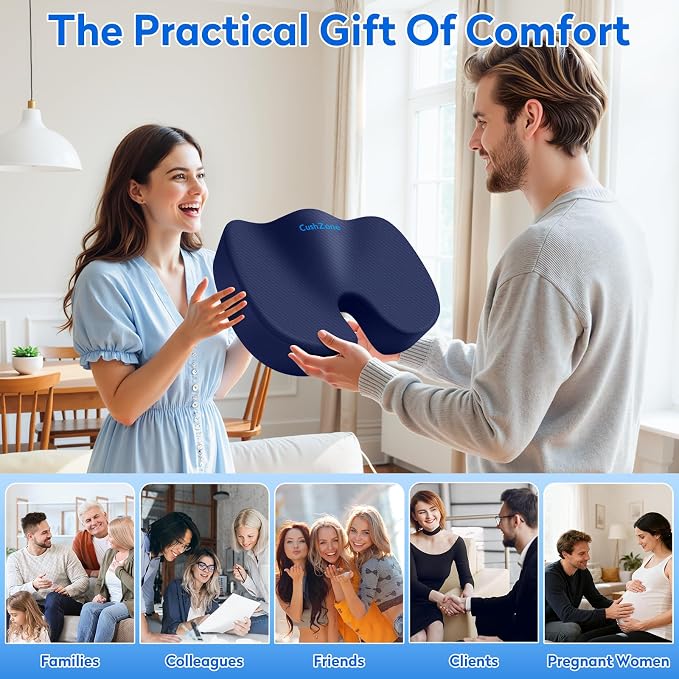 CushZone Memory Foam Seat Cushion for Office Car & Wheelchair, Blue | U-shaped Coccyx Cutout, Contoured Design, Breathable Removable Mesh Cover, Non-Slip Base, Carry Handle - Image 6