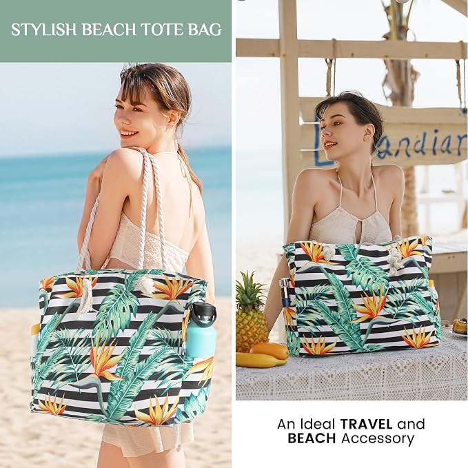 Clothirily Beach Bag for Women, Large Beach Tote Bag Waterproof with Zipper | Large Capacity Swim Pool Bag, Inner Pockets, Sandproof Foldable Beach Tote for Travel Essentials - Image 6