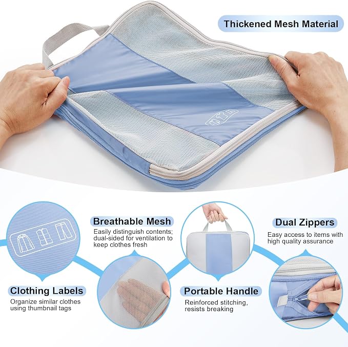OlarHike 10 Set Compression Packing Cubes for Travel Essentials,Compressible Expandable Space Saver Bags for Organizing Clothes,Luggage Suitcase Garment Bags with Over 1000 pcs Mesh Holes(Light Blue) - Image 6