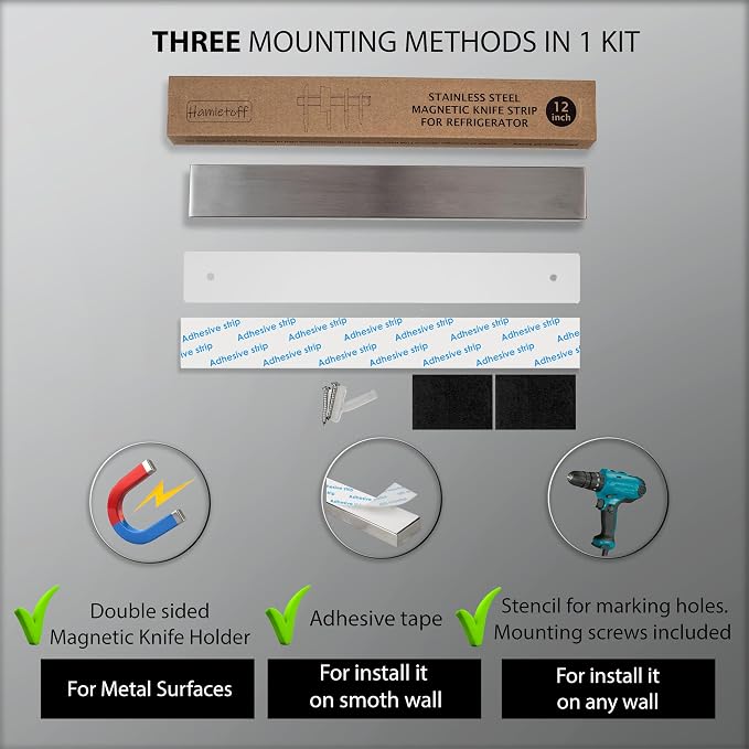 Magnetic Knife Holder for Refrigerator – 12 Inch Professional Double Sided Magnetic Knife Strip for Fridge - Stainless Steel Magnetic Knife Holder for Wall Self Adhesive - Image 6