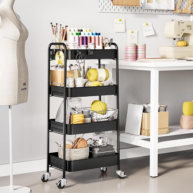 TOOLF 4 Tier Metal Rolling Cart, Utility Storage Cart with Wheels, Black | Screwless Assembly, Lockable Metal Wheels, Trolley Organizer for Bathroom, Kitchen, Office, Dorm, Laundry, Craft Room - Image 8