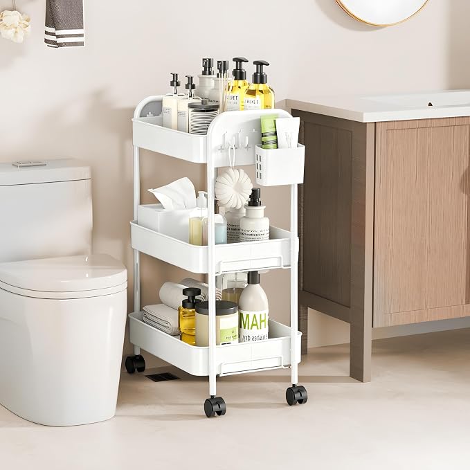 Heavy-Duty Rolling Cart 3 Tier Metal Utility Storage Cart | with Casters, Hooks & Hanging Cups, Rolling Storage Organizer for Kitchen Office Craft Snack Book - Image 4