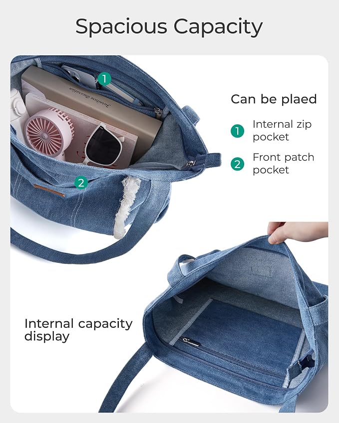 BAGSMART Women's Zippered Tote Bag Lightweight Denim Shoulder Bag | Handbag for Work Travel - Image 3