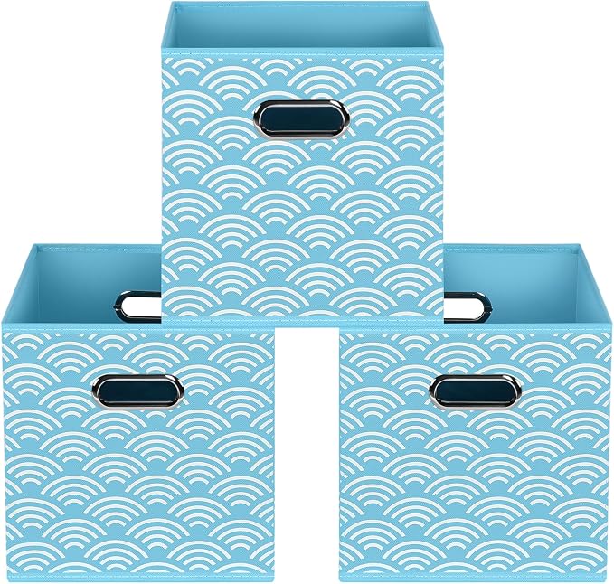 Fabric storage bins Cubes, Fabric Cube Organizer with Handle, Foldable Cube Bins for Cloth or Accessary Storage, 11x11x11, Set of 3, (Blue clouds) by Yunkeeper
